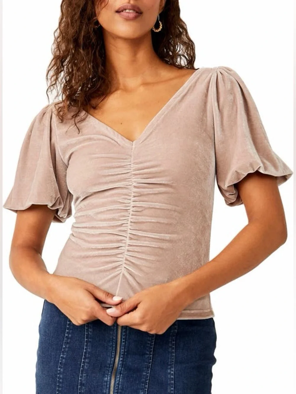 FREE PEOPLE Cupcake Velvet Top-Size XS-Cashmere Color V-Neck Puff Sleeve-NWT